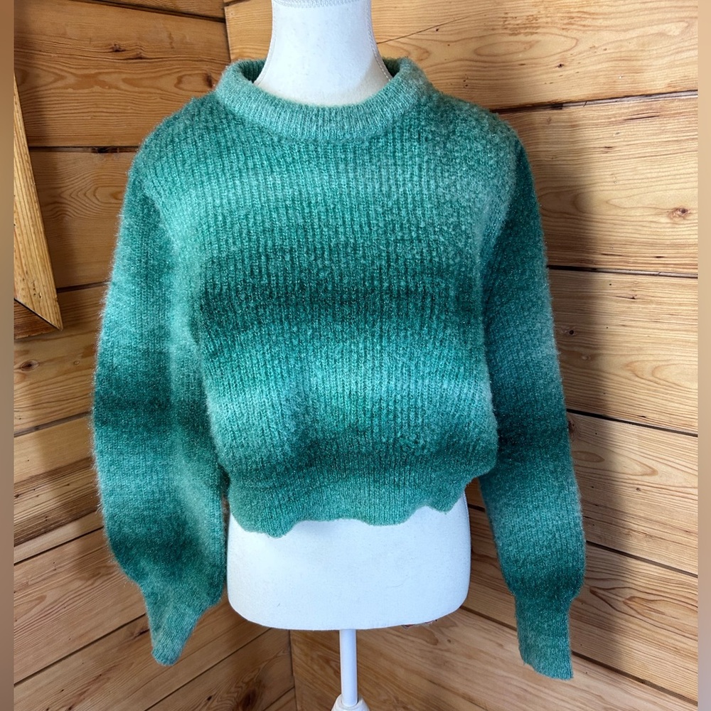 Fuzzy Ombre Green Cropped Sweater Balloon Sleeve‎ Soft Cozy Large No Boundaries